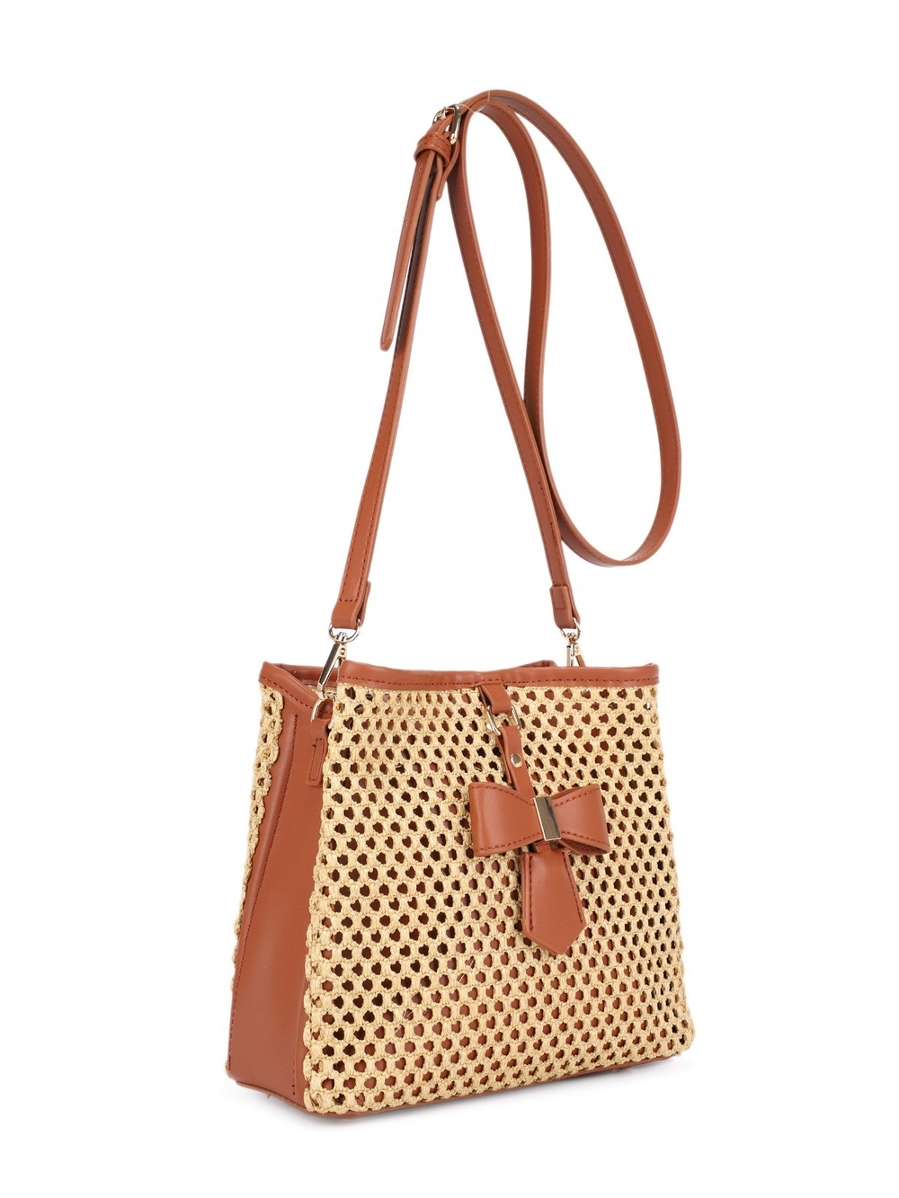 Woven Straw & Brown Crossbody Bag with Bow Accent